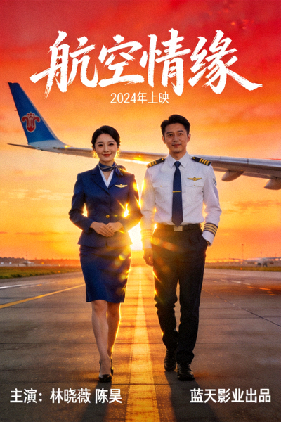 航空情缘电影海报 - 空姐与飞行员在夕阳下
